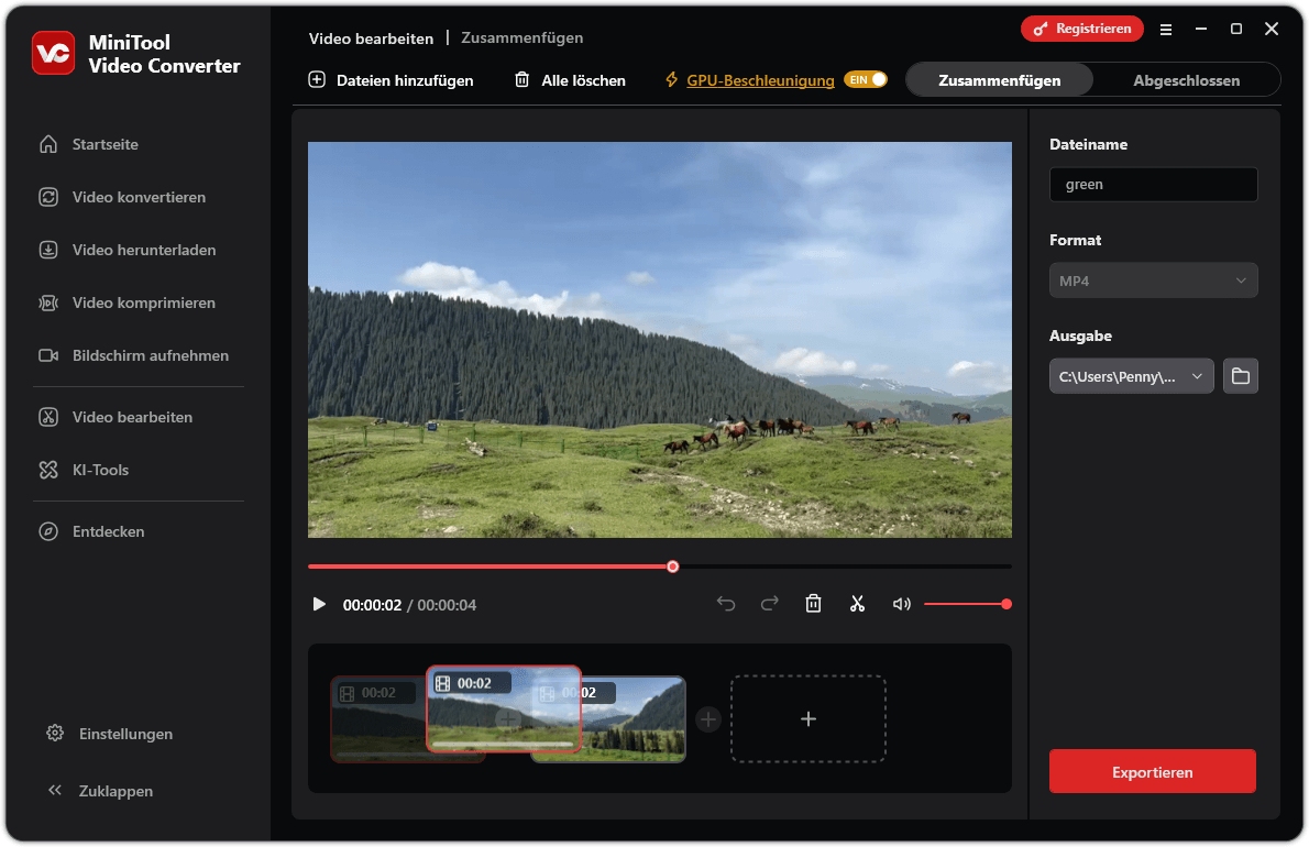 Benutzeroberfläche von „MiniTool Video Converter Merger“ mit mehreren Videoclips auf der Zeitleiste.