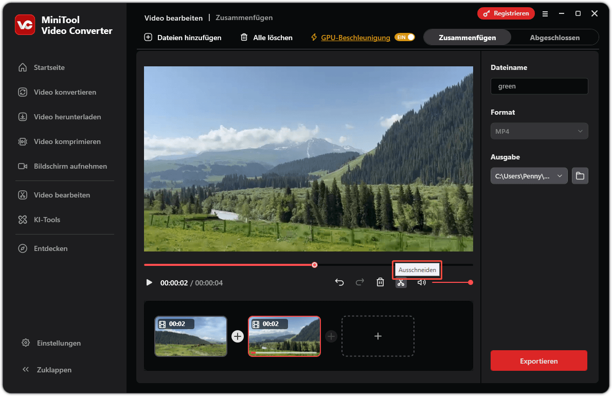 Benutzeroberfläche von „MiniTool Video Converter Merger“ mit ausgewähltem Videoclip und aktivierter Option „Schneiden“.