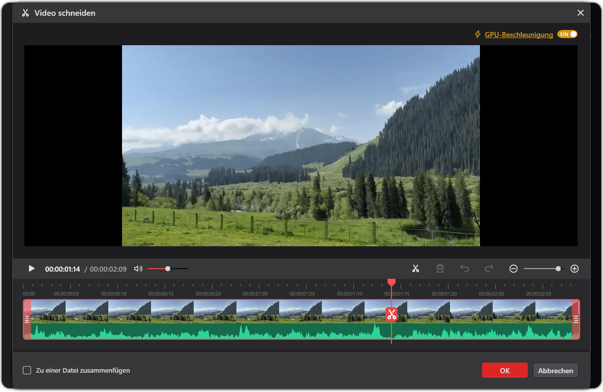 Fenster „Video schneiden“ von MiniTool Video Converter Merger, das zeigt, wie man ein Video zuschneidet und aufteilt.