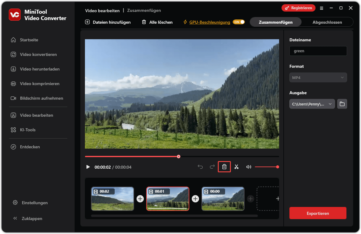 Benutzeroberfläche von „MiniTool Video Converter Merger“, die zeigt, wie ein Videoclip gelöscht wird.