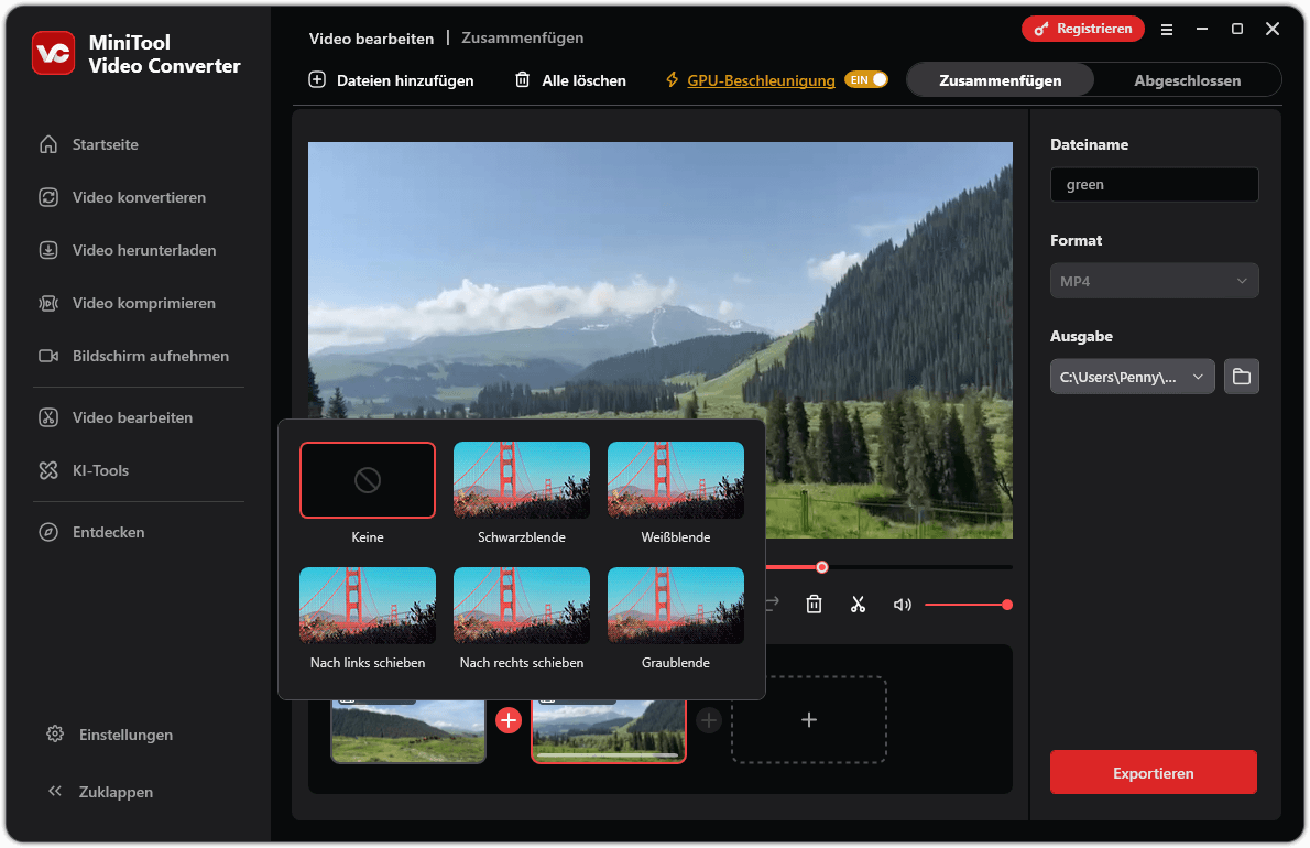 Benutzeroberfläche von „MiniTool Video Converter Merger“ mit ausgewählter Option „Übergang hinzufügen“ und angezeigten Übergangsoptionen.