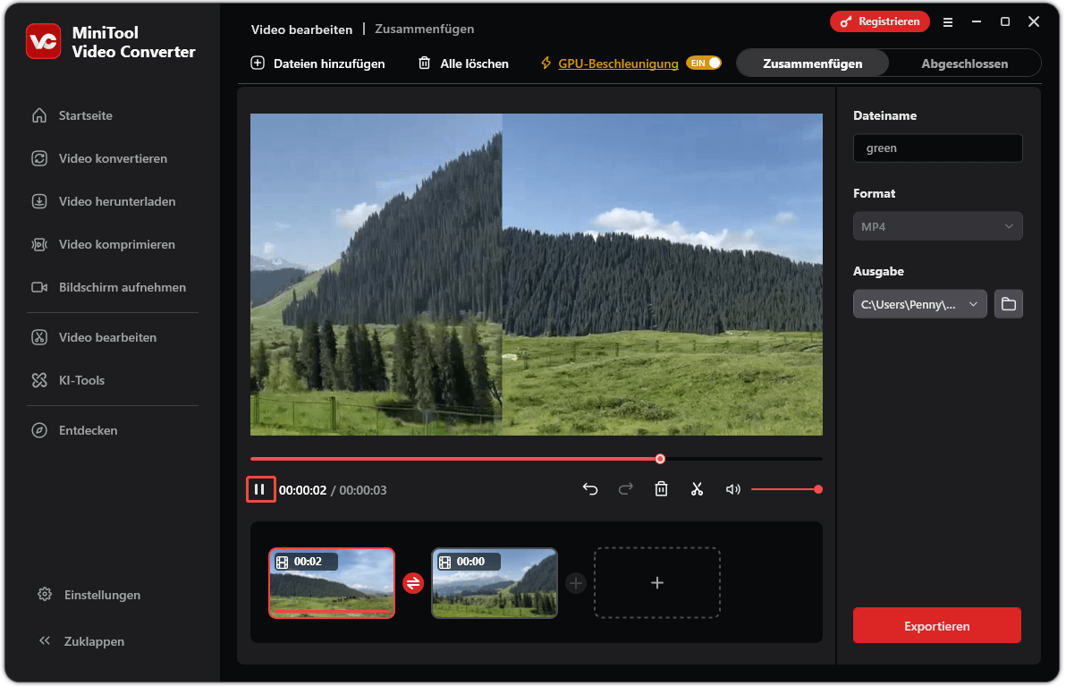Benutzeroberfläche von MiniTool Video Converter Merger mit ausgewähltem Wiedergabe- oder Pausensymbol.