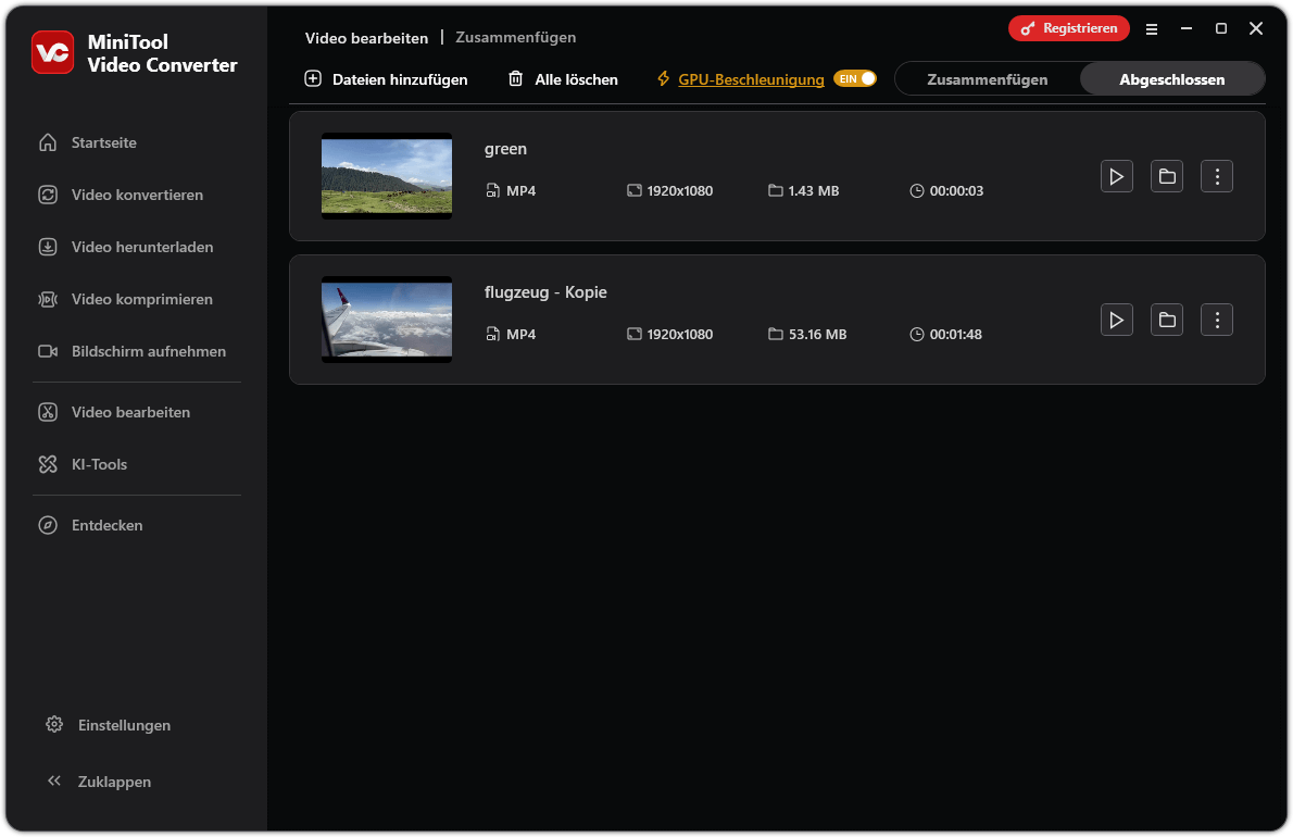 Benutzeroberfläche von „MiniTool Video Converter Merger“, die zeigt, wie man das Ausgabevideo umbenennt und den Speicherordner festlegt.