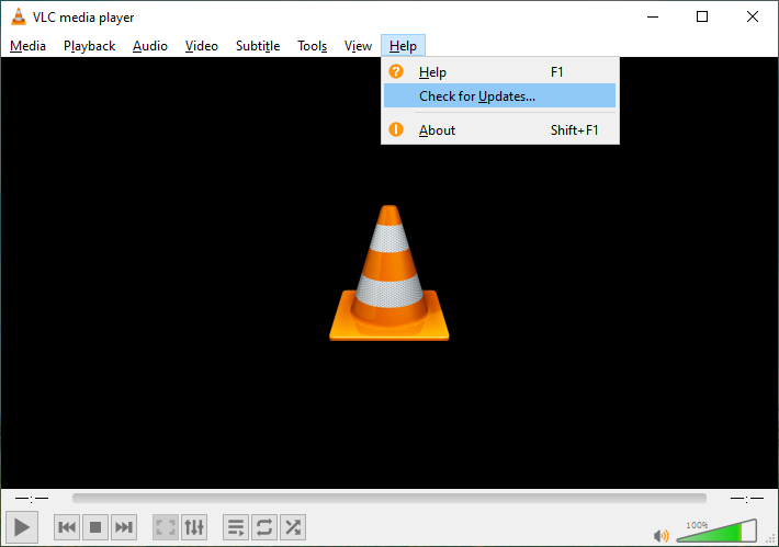 VLC media player interface with the Help menu opened and the Check for Updates option highlighted.