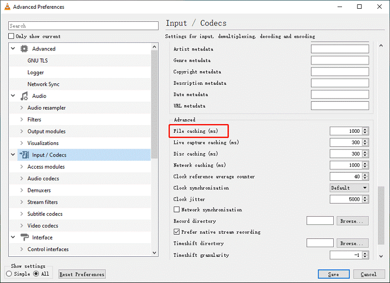VLC Advanced Preferences window with the File caching option selected.