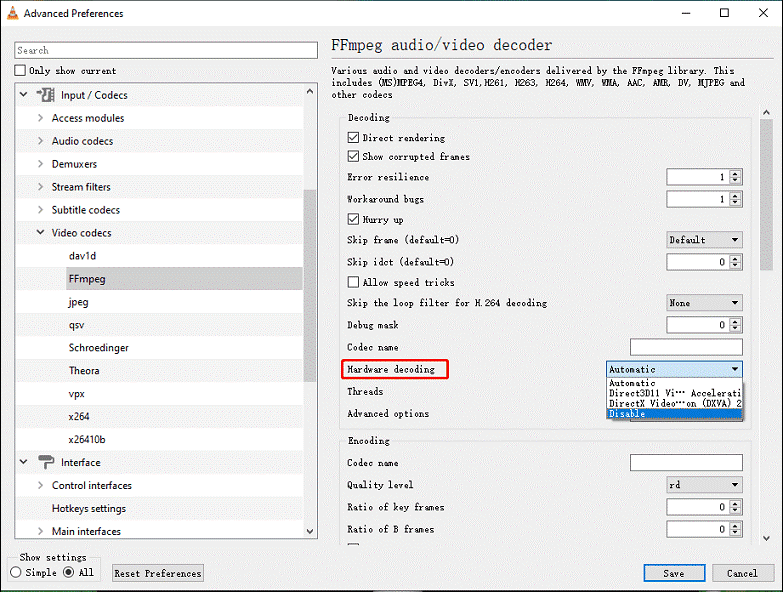 VLC Advanced Preferences window with the Hardware decoding option selected.