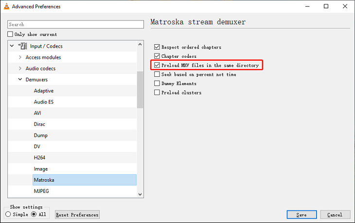 VLC Advanced Preferences window with the Preload MKV files in the same directory option selected.