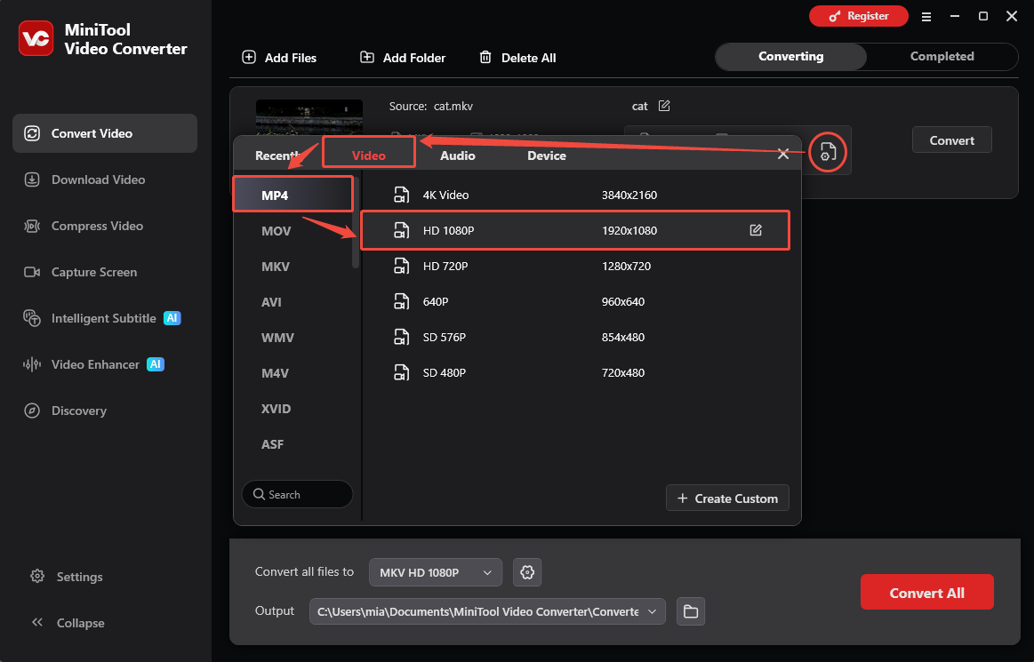 MiniTool Video Converter interface showing how to choose MP4 as the output format.