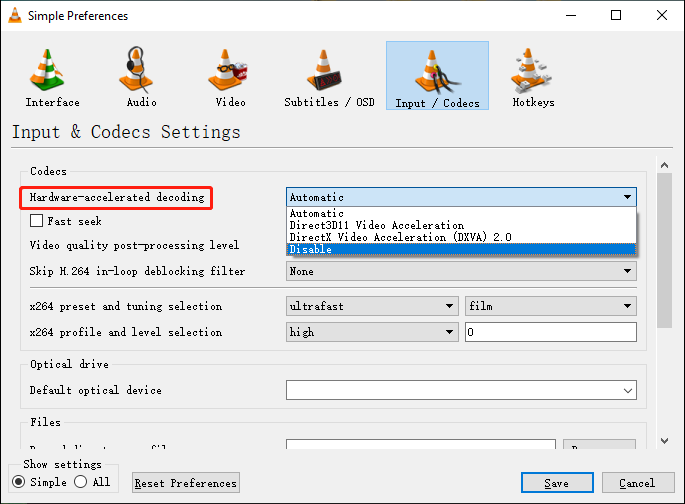 VLC Simple Preferences window with the Hardware accelerated decoding option selected.