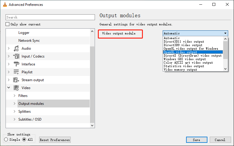 VLC Advanced Preferences window with the Video output module menu opened and the OpenGL video output option highlighted.