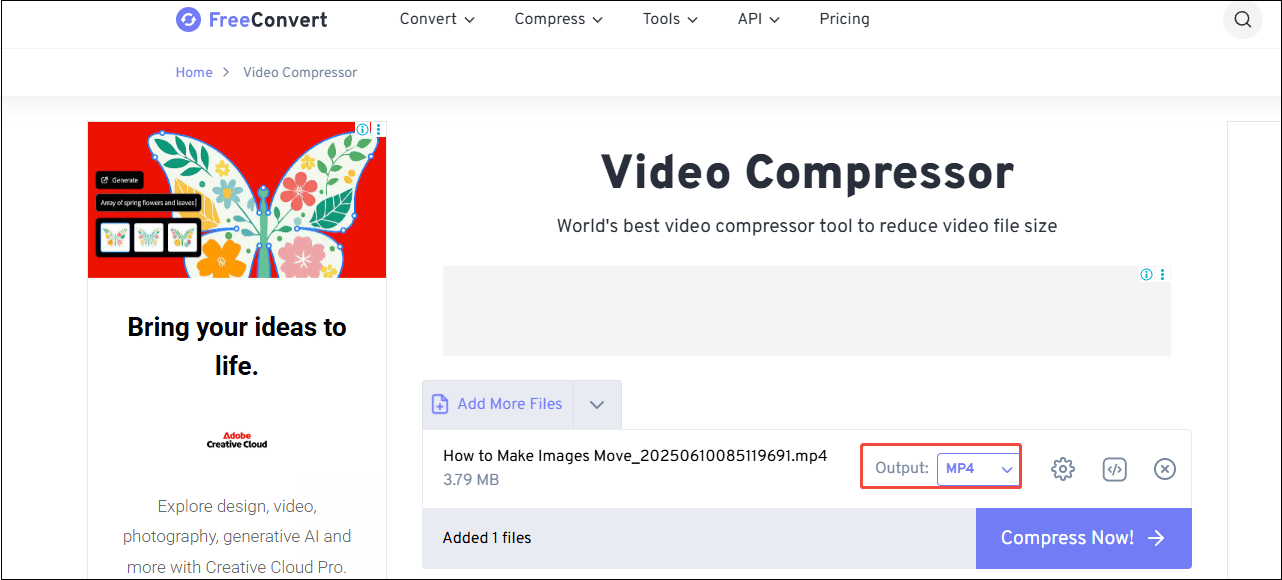 FreeConvert video compression interface with the Output format option selected.
