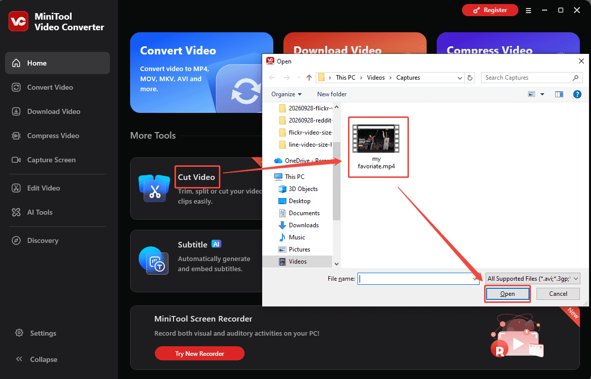 MiniTool Video Converter Cut Video interface showing how to import a video for video cutting.