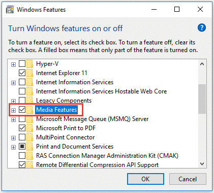 Windows Features window with the Media Features option selected.