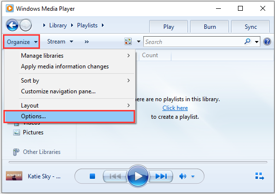 Windows Media Player interface with Organize menu expanded and Options option highlighted.