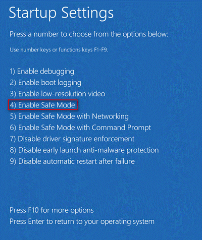Windows Startup Settings window with the Enable Safe Mode selected.