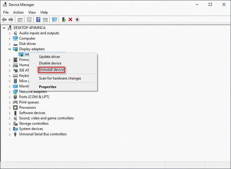 Device Manager window with the Display adapters option selected and Uninstall device option selected.