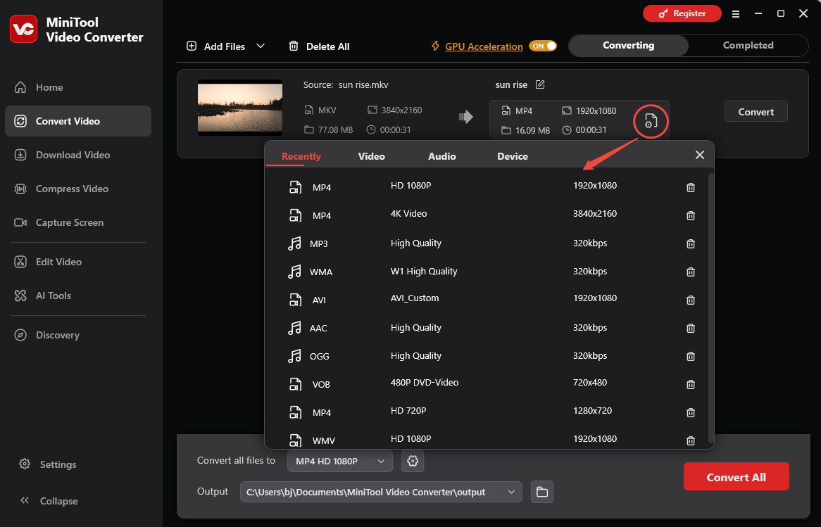 MiniTool Video Converter interface showing how to select the output format.