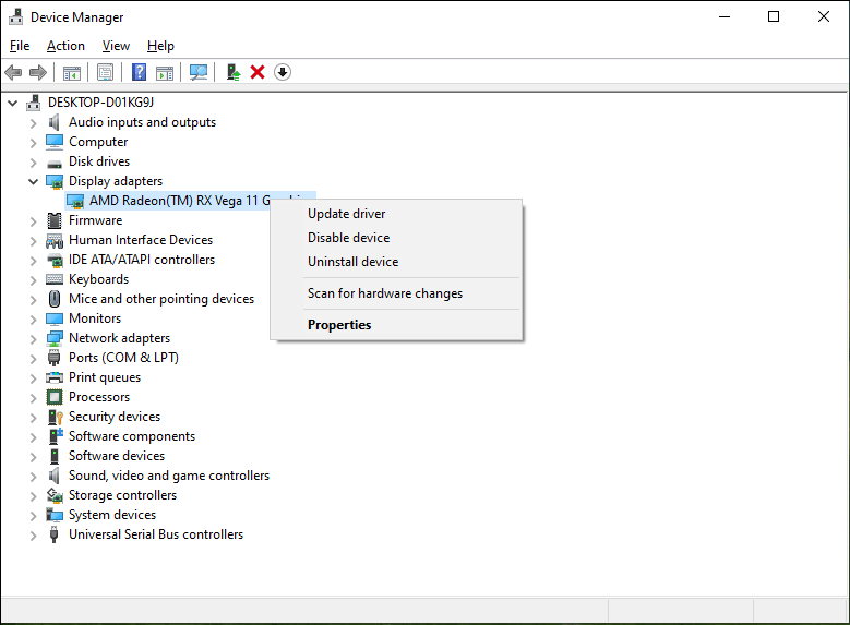 Device manager showing how to update drivers