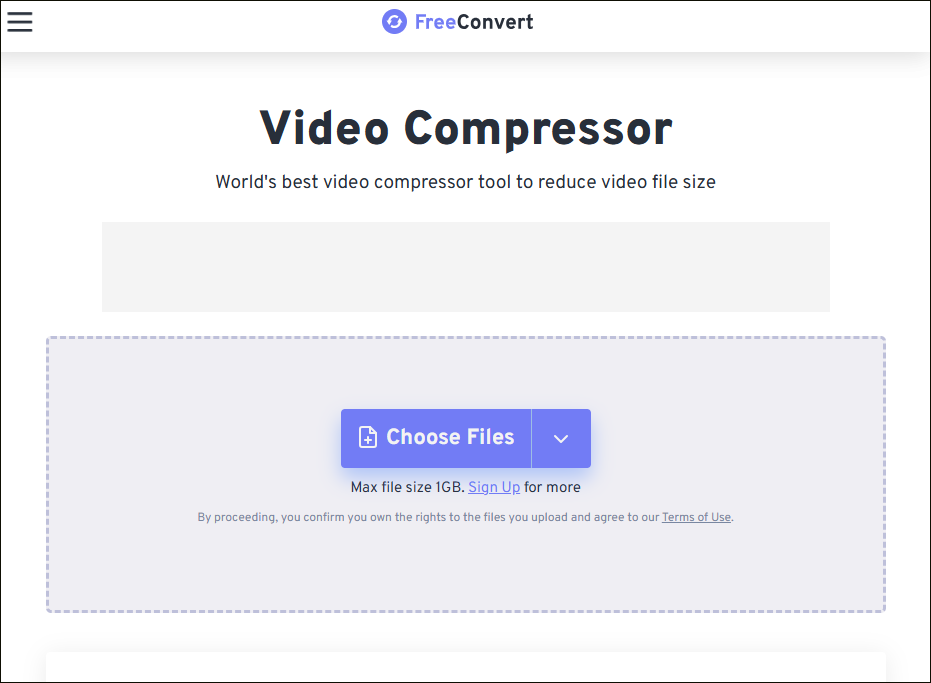 The video compression interface of FreeConvert.