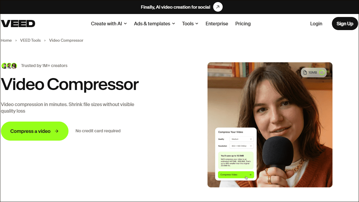 The video compression interface of VEED.