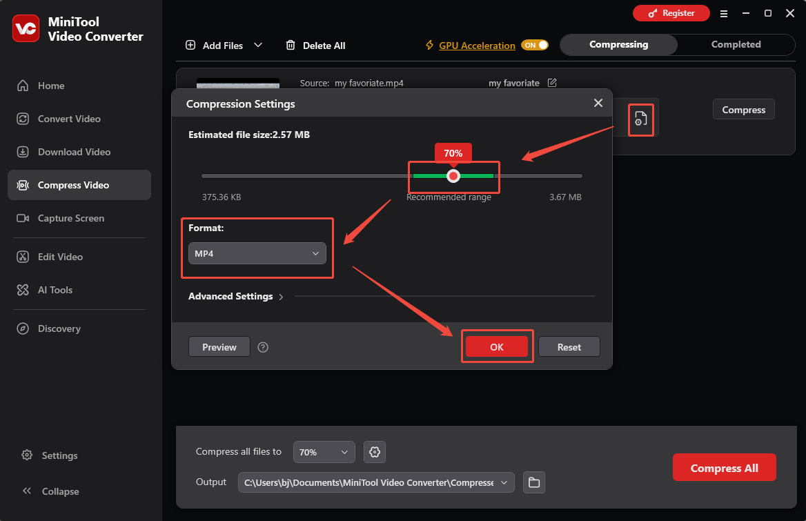 MiniTool Video Converter interface showing how to adjust video compression settings.