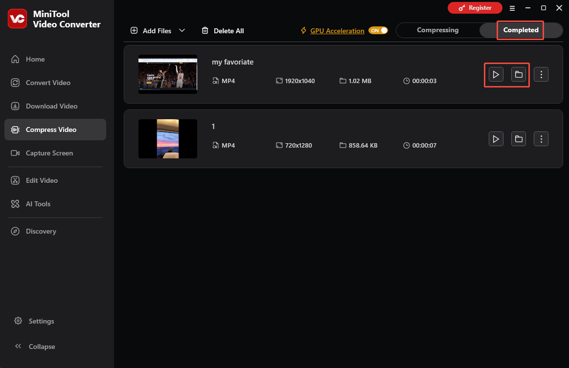 MiniTool Video Converter Compress Video interface with the Play and Folder icons selected under the Completed tab.