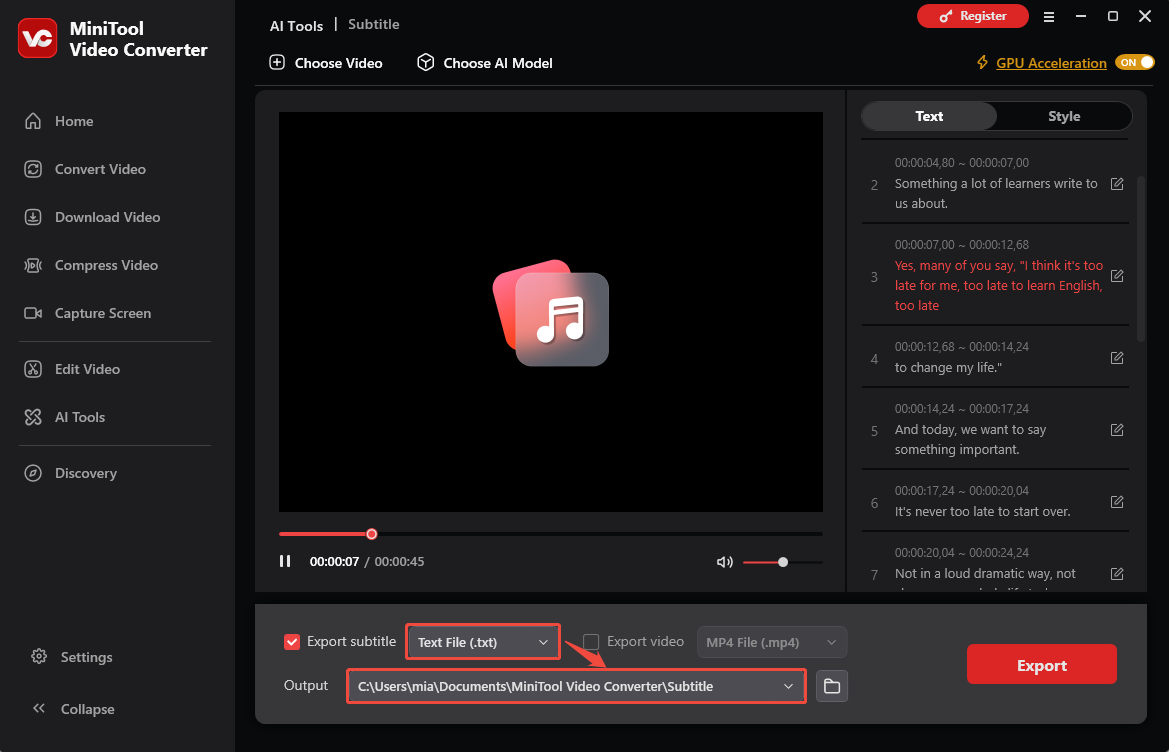 MiniTool Video Converter transcription interface showing how to choose output format and save location.