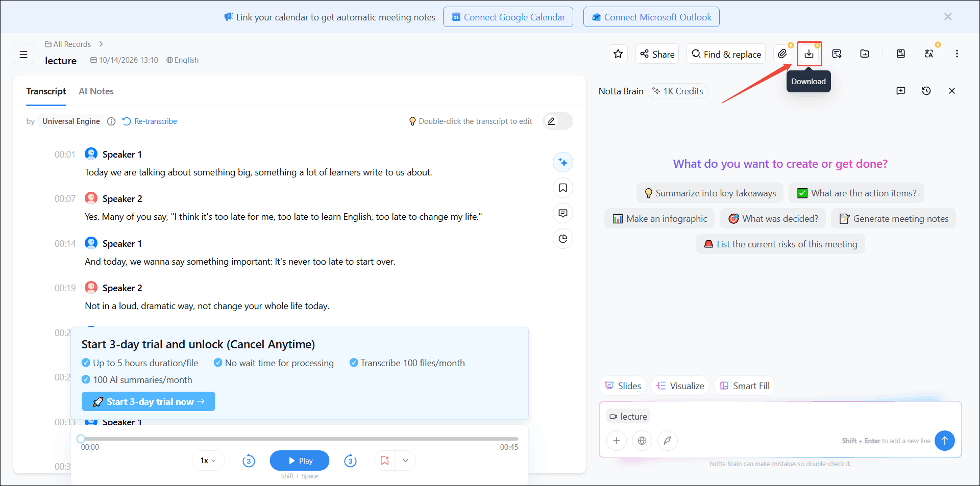 Notta interface with the Download icon selected.