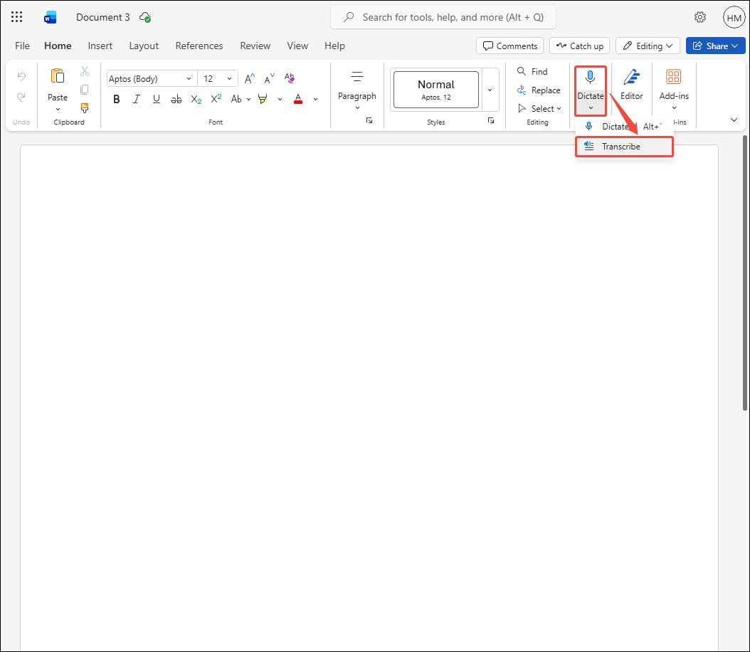 Word for Web interface with the Transcribe option selected in the Dictate menu.