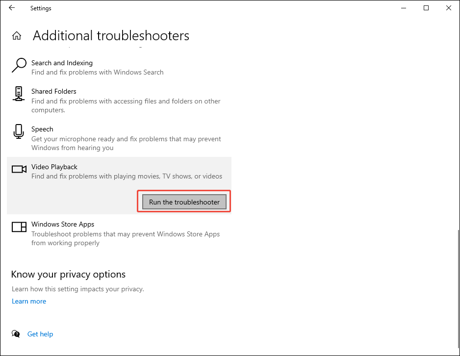 The highlighted Run the troubleshooter option under Video Playback in Windows 10 Settings.
