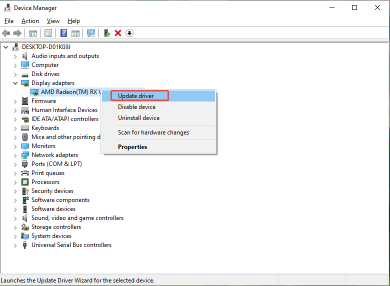 Device Manager showing the selected Update driver option from the Display adapters dropdown menu.