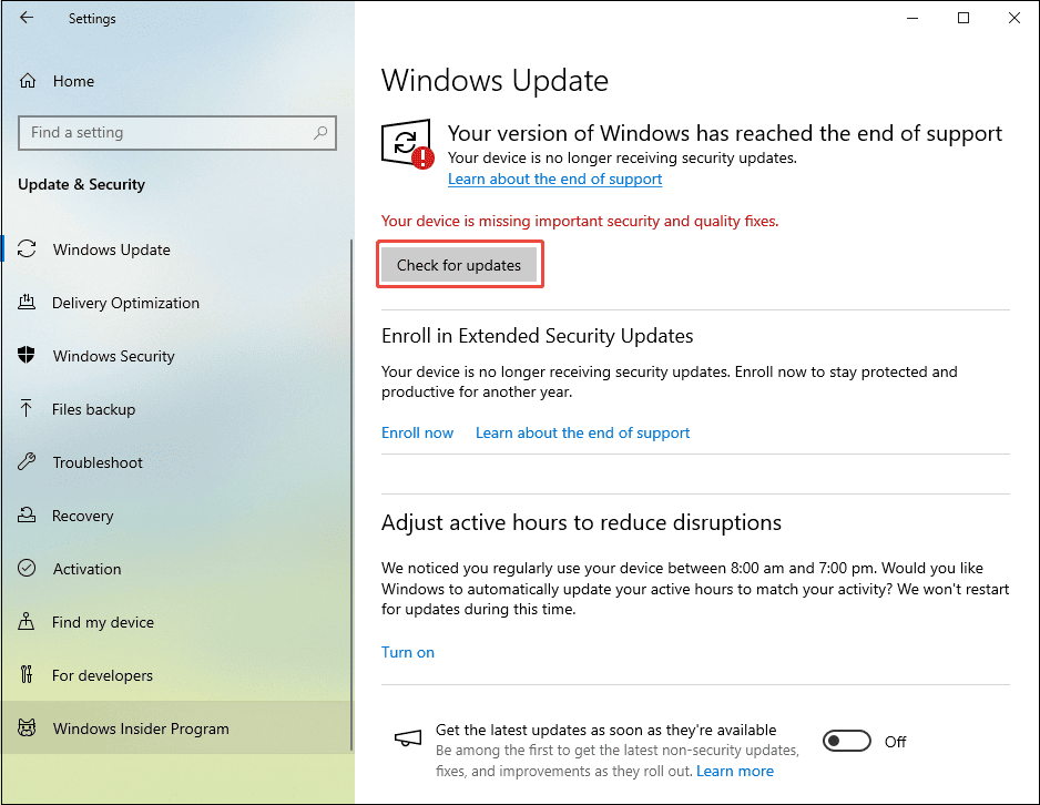 The highlighted Check for updates option in Windows 10 Settings.