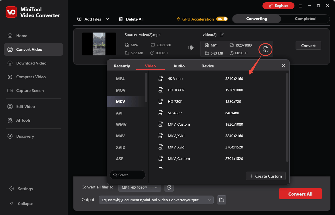 MiniTool Video Converter interface showing how to set the output format.