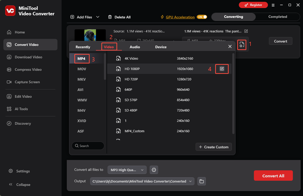 MiniTool Video Converter Convert Video interface showing how to find the frame rate settings.
