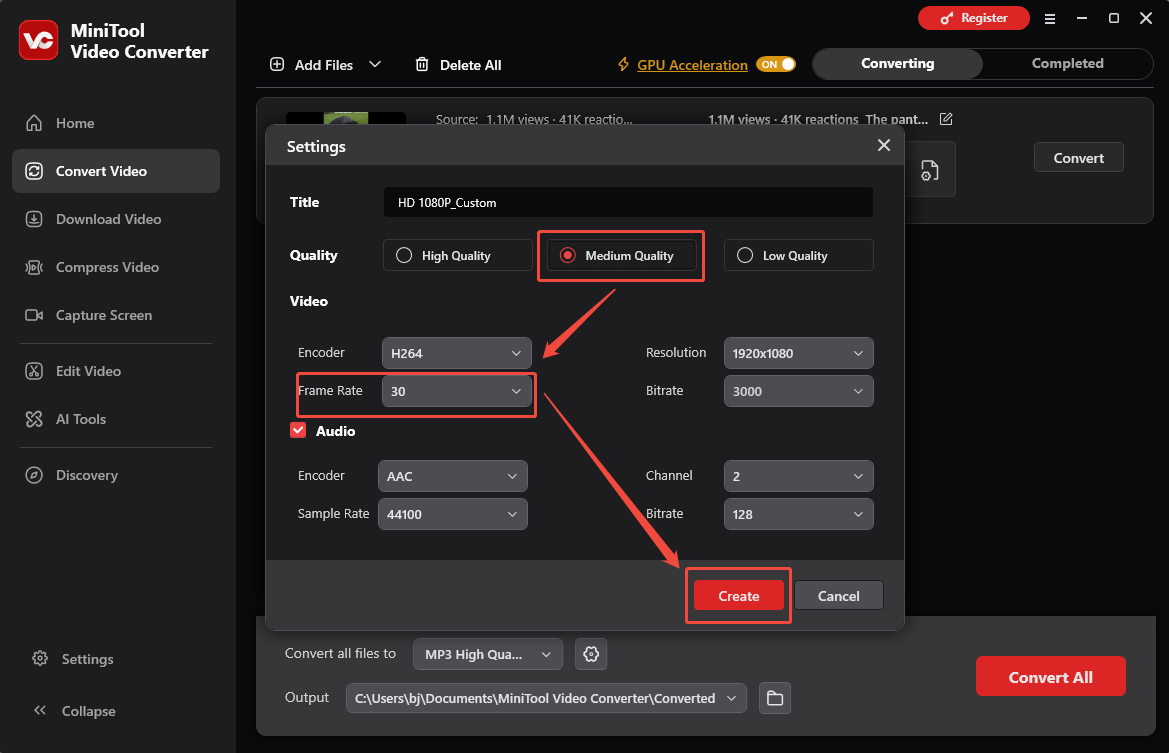 MiniTool Video Converter Convert Video interface showing how to change the video frame rate.