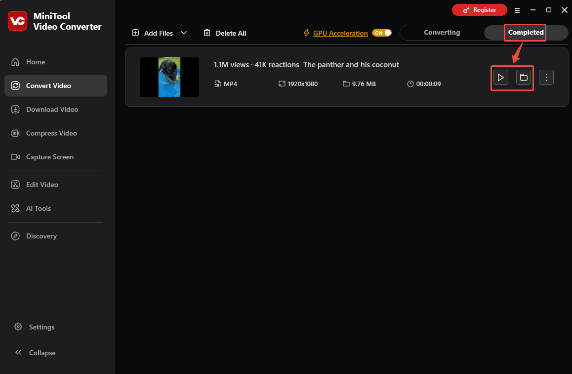 MiniTool Video Converter Convert Video interface with the Play and Folder icons selected under the Completed tab.