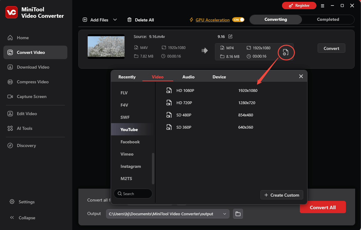 MiniTool Video Converter interface showing how to choose a YouTube preset as the output format.