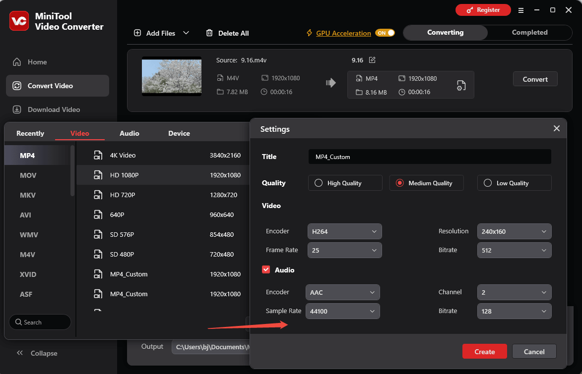 MiniTool Video Converter interface showing how to create a custom MP4 format.