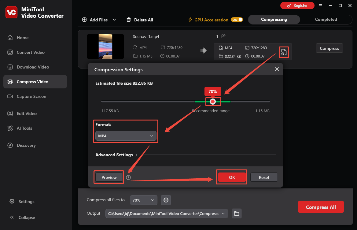 MiniTool Video Converter Compress Video interface showing how to adjust video compression settings and preview the video.