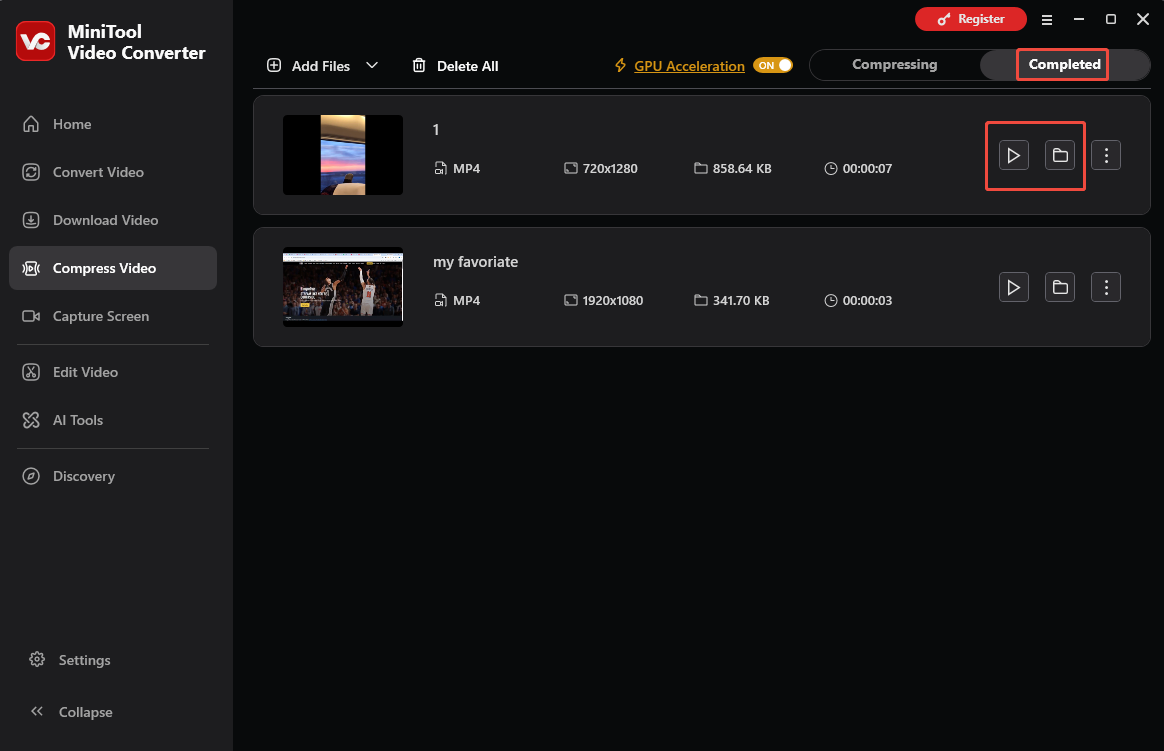 MiniTool Video Converter Compress Video interface with the Play and Folder icons selected under the Completed tab.