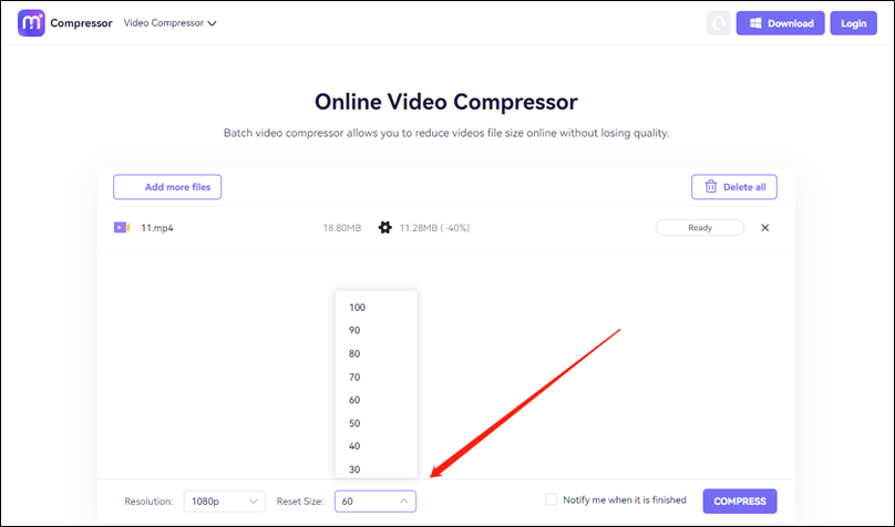 Media.io video compression interface with the Reset Size option expanded.