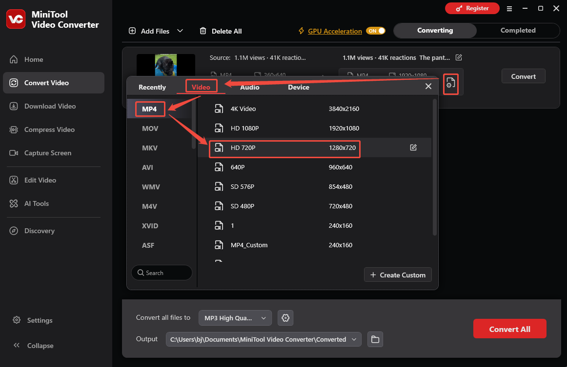 MiniTool Video Converter Convert Video interface showing how to set the video quality to HD.