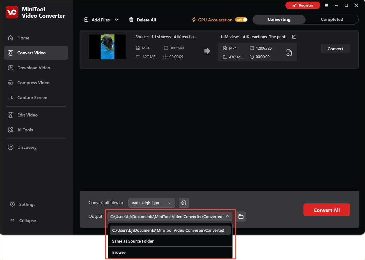 MiniTool Video Converter Convert Video interface with the Output option expanded.