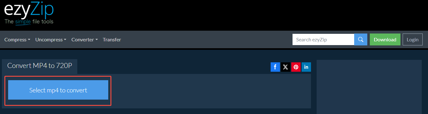 ezyZip interface with the Select mp4 to convert option selected.