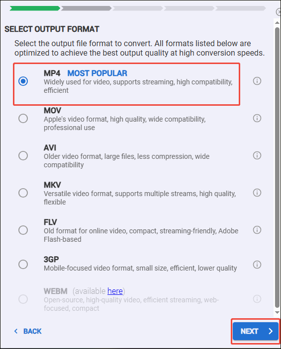 HDconvert interface showing how to choose an output format.