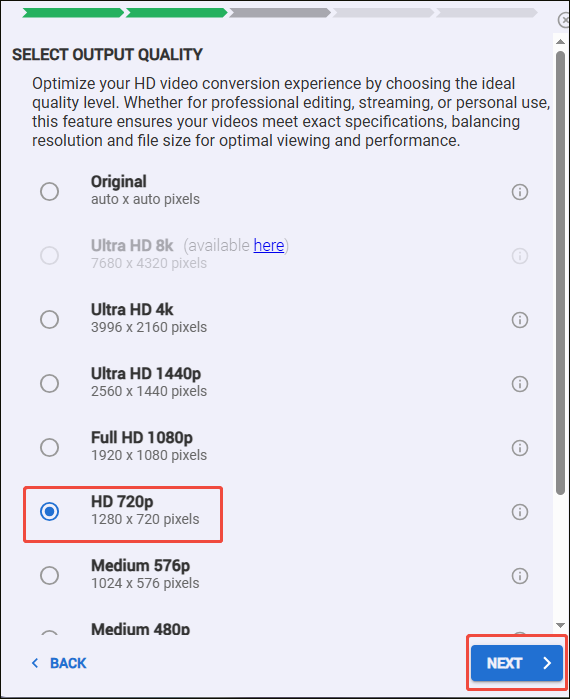 HDconvert interface showing how to set the video quality to HD.