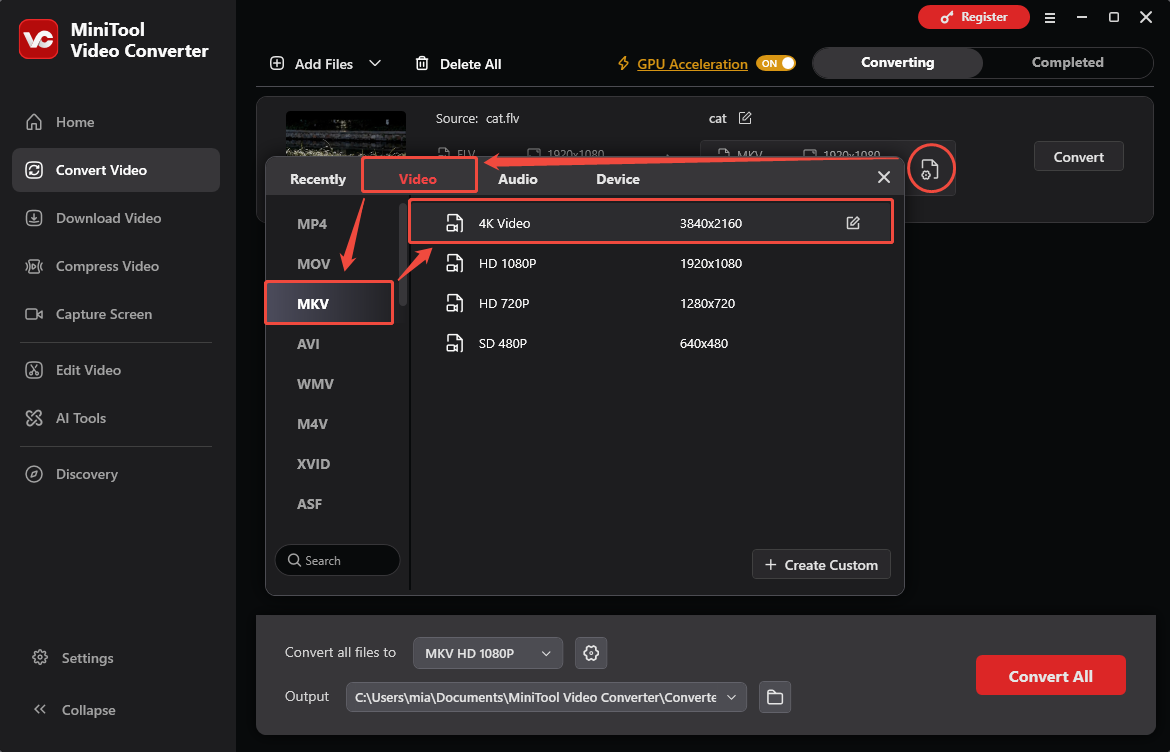 MiniTool Video Converter interface showing how to choose MKV as the output format.