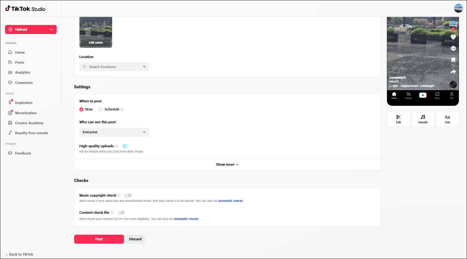 The interface of TikTok Studio.