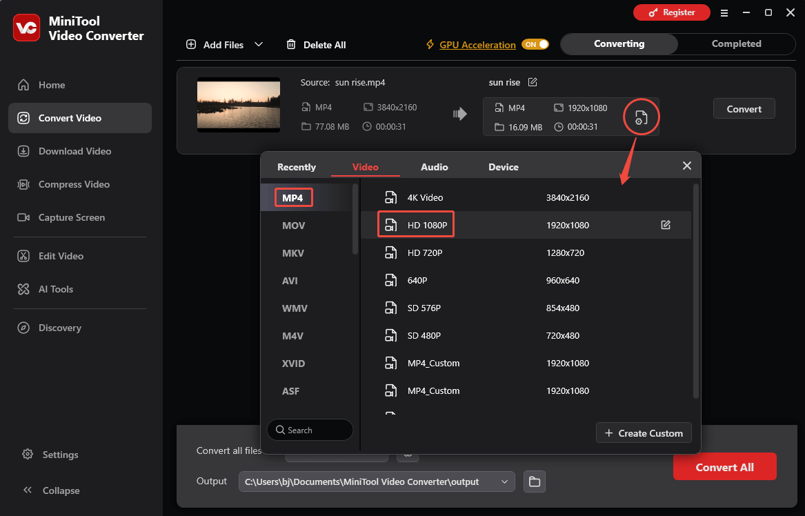 MiniTool Video Converter interface showing how to choose MP4 as the output format.