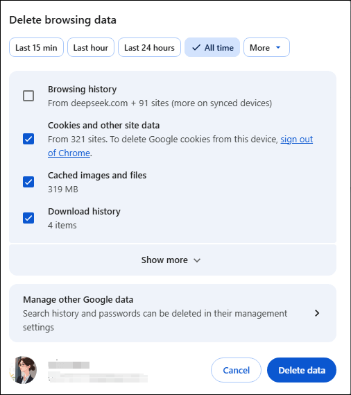 The Delete browsing data window in Google Chrome.